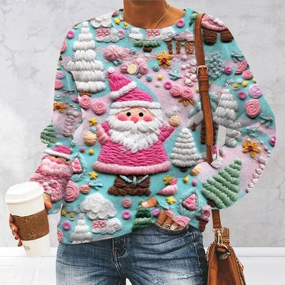 Yinbwol Women Multi Long Sleeve Oversize Round Neck Pull On Christmas Sweatshir - Picture 2 of 5